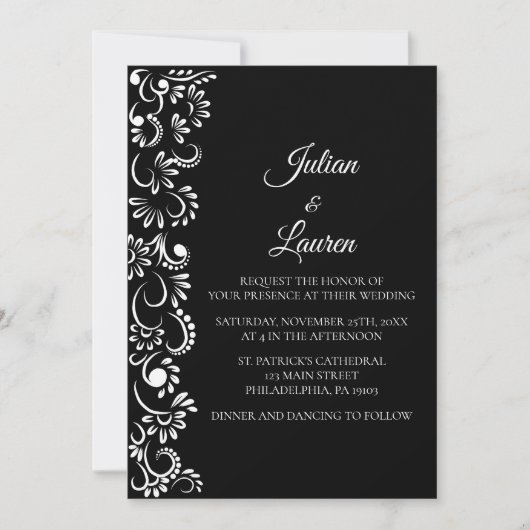 Invitation Élégant mariage floral simple noir et blanc (Devant)