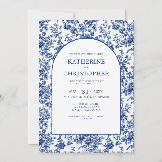 Invitation Élégant Mariage Floral Toile Bleu Pays Français (Devant)