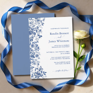 Invitation Élégant Mariage Floral Toile Bleu Poussiéreux