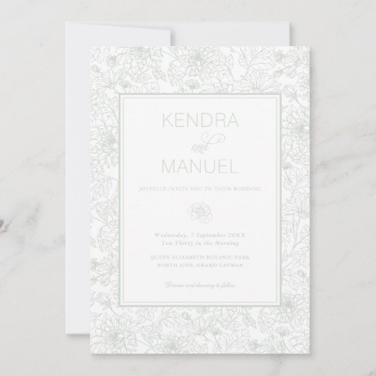 Invitation Élégant Mariage floral Toile Sage Vert (Devant)