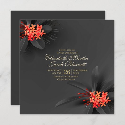 Invitation Élégant Mariage floral tropical foncé (Devant / Derrière)