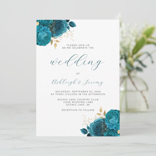Invitation Élégant Mariage Floral Turquoise Gold Script (Debout devant)