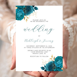Invitation Élégant Mariage Floral Turquoise Gold Script