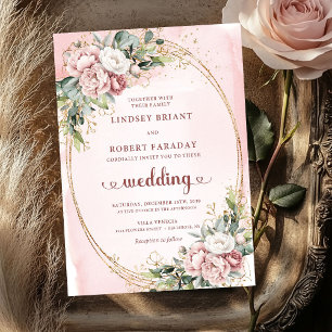 Invitation Élégant mariage floral verdure rose or