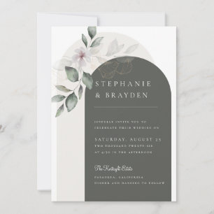 Invitation Élégant mariage floral vert à l'arc avec écriture