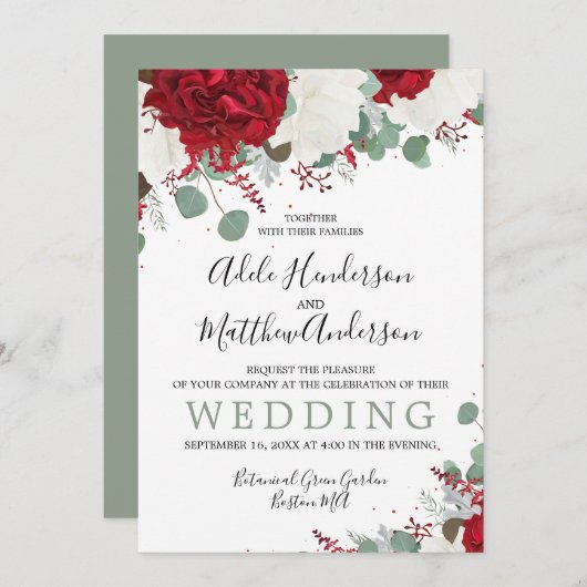 Invitation Élégant Mariage floral vert Bourgogne (Devant / Derrière)