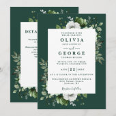 Invitation Élégant mariage floral vert émeraude avec QR Code (Devant / Derrière)