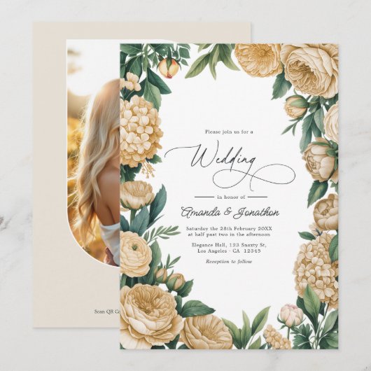 Invitation Élégant Mariage Floral Vert Sauge et Grès (Devant / Derrière)
