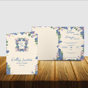 Invitation Élégant Mariage Floral violet bleu plié