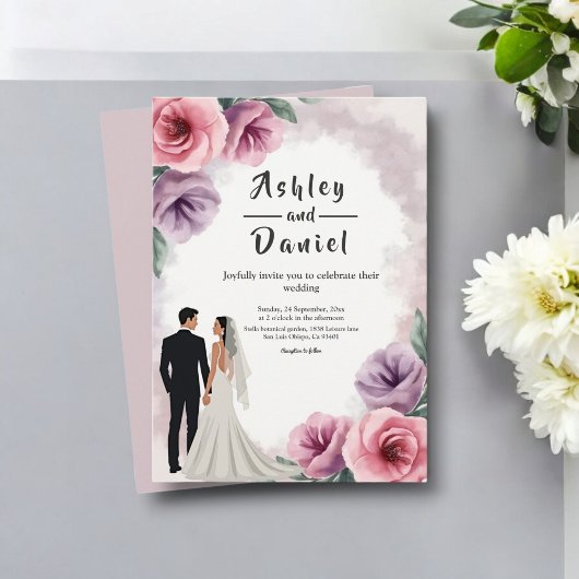 Invitation Elégant Mariage floral violet Dusty