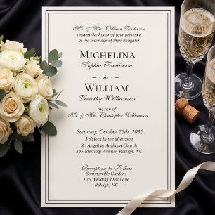 Invitation Élégant Mariage Formel Crème Noir Classique Script