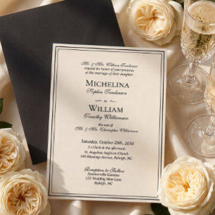 Invitation Élégant Mariage Formel Crème Noir Classique Script