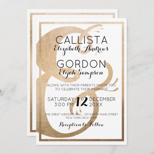 Invitation Élégant Mariage frontière de l'esperluette blanche (Devant / Derrière)