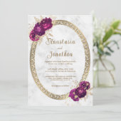 Invitation Élégant Mariage Fuchsia rose Floral Or encadré (Debout devant)