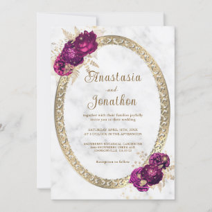Invitation Élégant Mariage Fuchsia rose Floral Or encadré