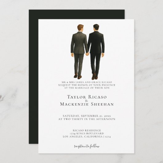 Invitation Elégant Mariage gay deux pièces en costume (Devant / Derrière)