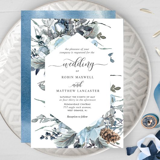 Invitation Élégant Mariage géométrique Floral Bleu