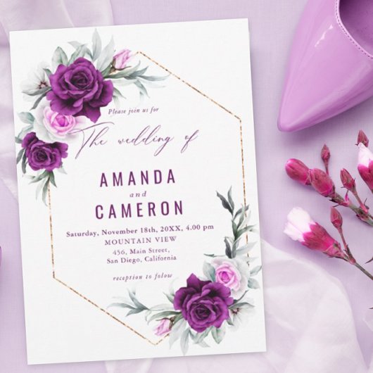 Invitation Élégant Mariage géométrique violet rustique