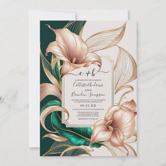 Invitation Elégant Mariage Gold Calla Lily | Vert et ivoire (Devant)