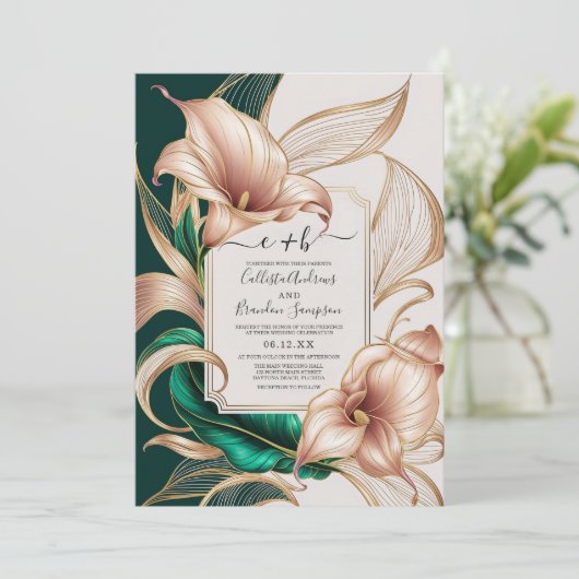 Invitation Elégant Mariage Gold Calla Lily | Vert et ivoire (Debout devant)