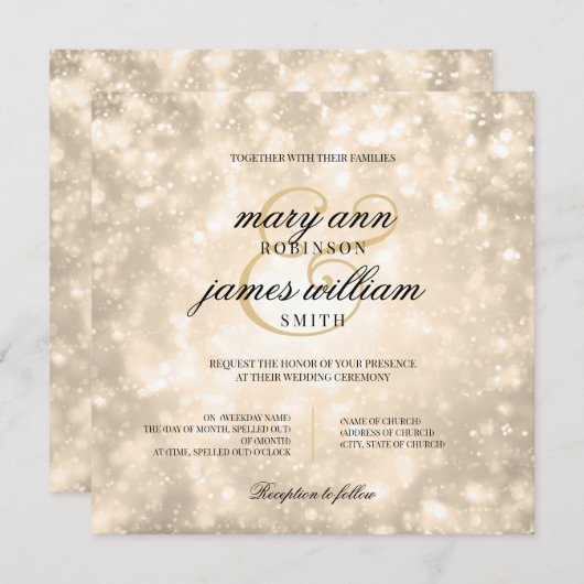 Invitation Elégant mariage Gold Champagne Bokeh (Devant / Derrière)