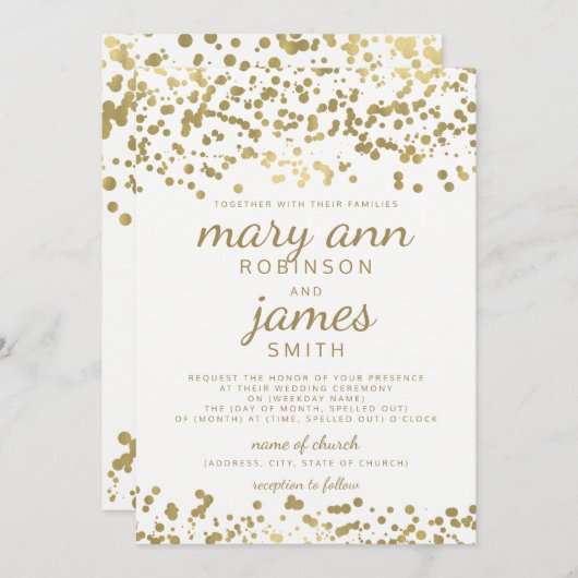 Invitation Elégant Mariage Gold Foil Look Confetti (Devant / Derrière)