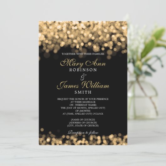 Invitation Élégant Mariage Gold Lights (Debout devant)