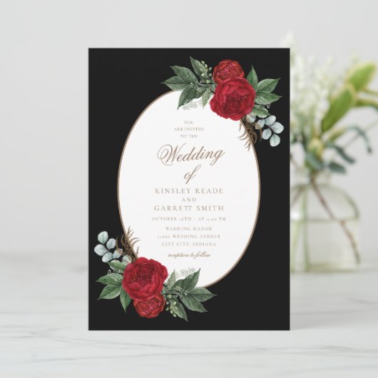 Invitation Élégant Mariage Gold Script Red Peonies (Debout devant)