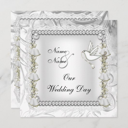 Invitation Elégant mariage Gold White Dove (Devant / Derrière)