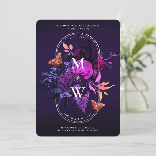 Invitation Élégant Mariage gothique Boho foncé violet Botaniq (Debout devant)