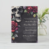 Invitation Élégant Mariage Gothique Crâne et Roses (Debout devant)