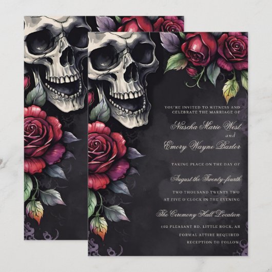 Invitation Élégant Mariage Gothique Crâne et Roses (Devant / Derrière)