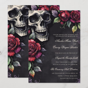 Invitation Élégant Mariage Gothique Crâne et Roses