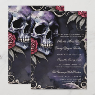 Invitation Élégant Mariage Gothique Crâne et Roses Rouges