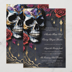 Invitation Élégant Mariage Gothique Crâne & Roses Rouges
