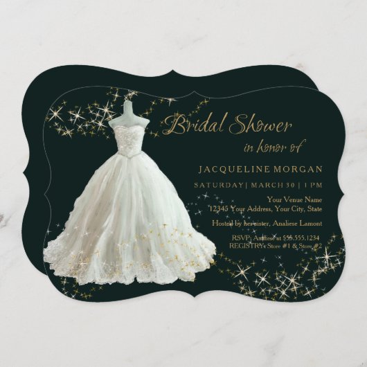 Invitation Élégant Mariage Gown Gold Sparkle Fête des mariées (Devant / Derrière)