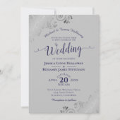 Invitation Elégant Mariage gris bleu marine en dentelle d'arg (Devant)