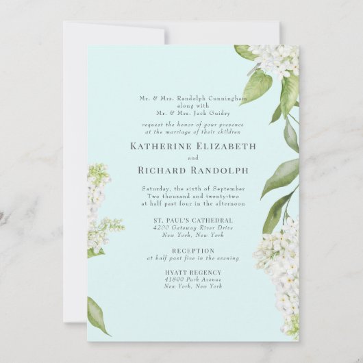 Invitation Élégant Mariage Hydrangea Blanc Seafoam V (Devant)