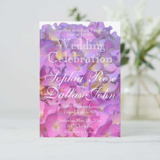 Invitation Élégant Mariage hydrangée à fleurs roses (Debout devant)