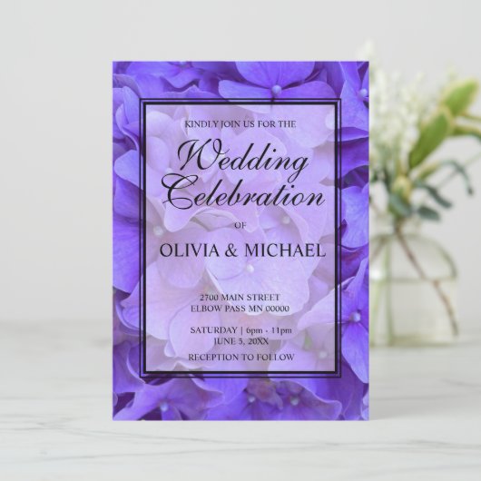 Invitation Élégant Mariage hydrangée fleurie violette (Debout devant)