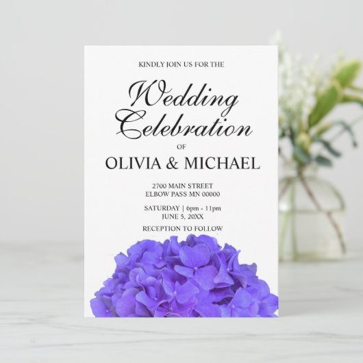 Invitation Élégant Mariage hydrangée fleurie violette (Debout devant)