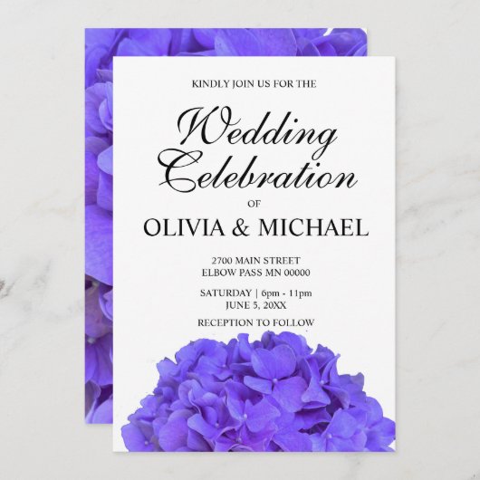 Invitation Élégant Mariage hydrangée fleurie violette (Devant / Derrière)