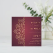 Invitation Élégant Mariage indien d'ethnie Mandala rouge et o (Debout devant)