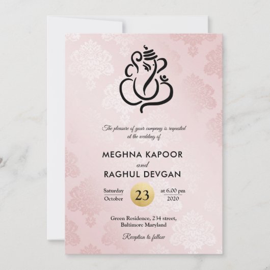 Invitation Élégant Mariage indien Ganesha rose pâle (Devant)