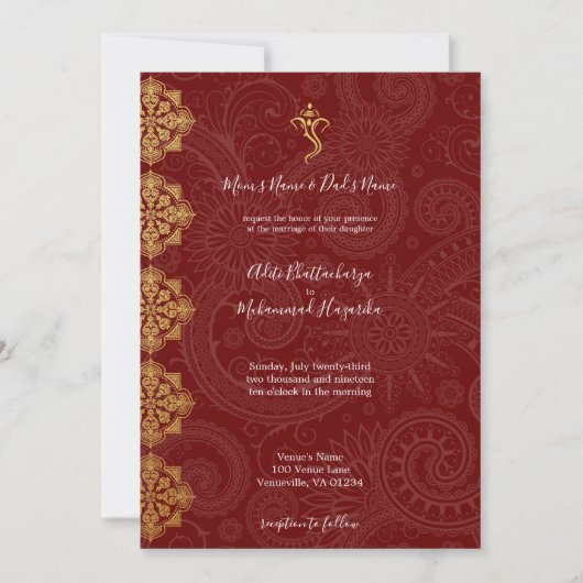 Invitation Élégant Mariage indien Gold & Red Ganesha (Devant)