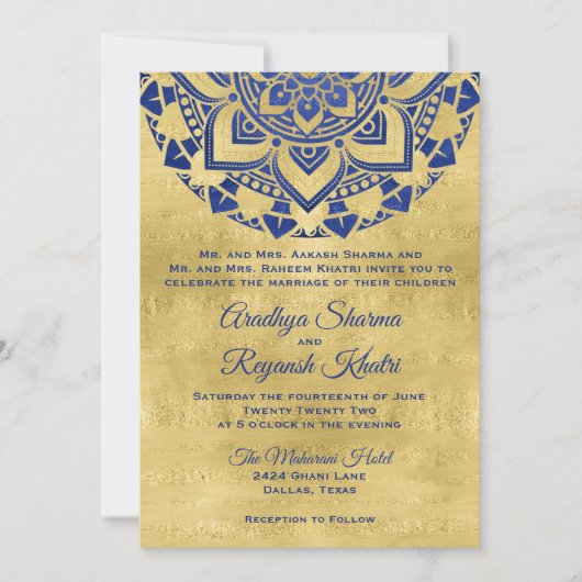 Invitation Élégant Mariage indien Mandala en or bleu (Devant)