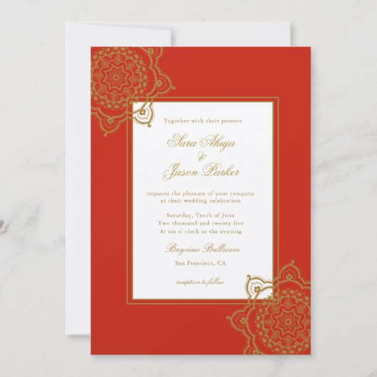 Invitation Élégant mariage indien Mandala rouge & or (Devant)