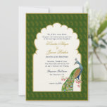 Invitation Élégant mariage indien Peacock Vert foncé<br><div class="desc">Elégant paon aquarelle dans une arche dorée avec un or et riche arrière - plan paisley vert foncé faire-part de mariage. Parfait pour les mariages indiens.</div>