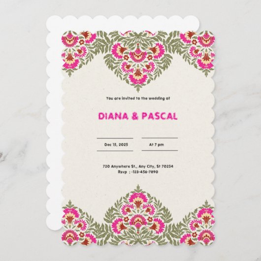 Invitation Elégant Mariage indien vert et rose (Devant / Derrière)