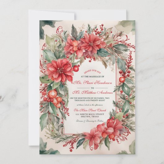 Invitation Élégant Mariage inspiré de Noël aux baies florales (Devant)